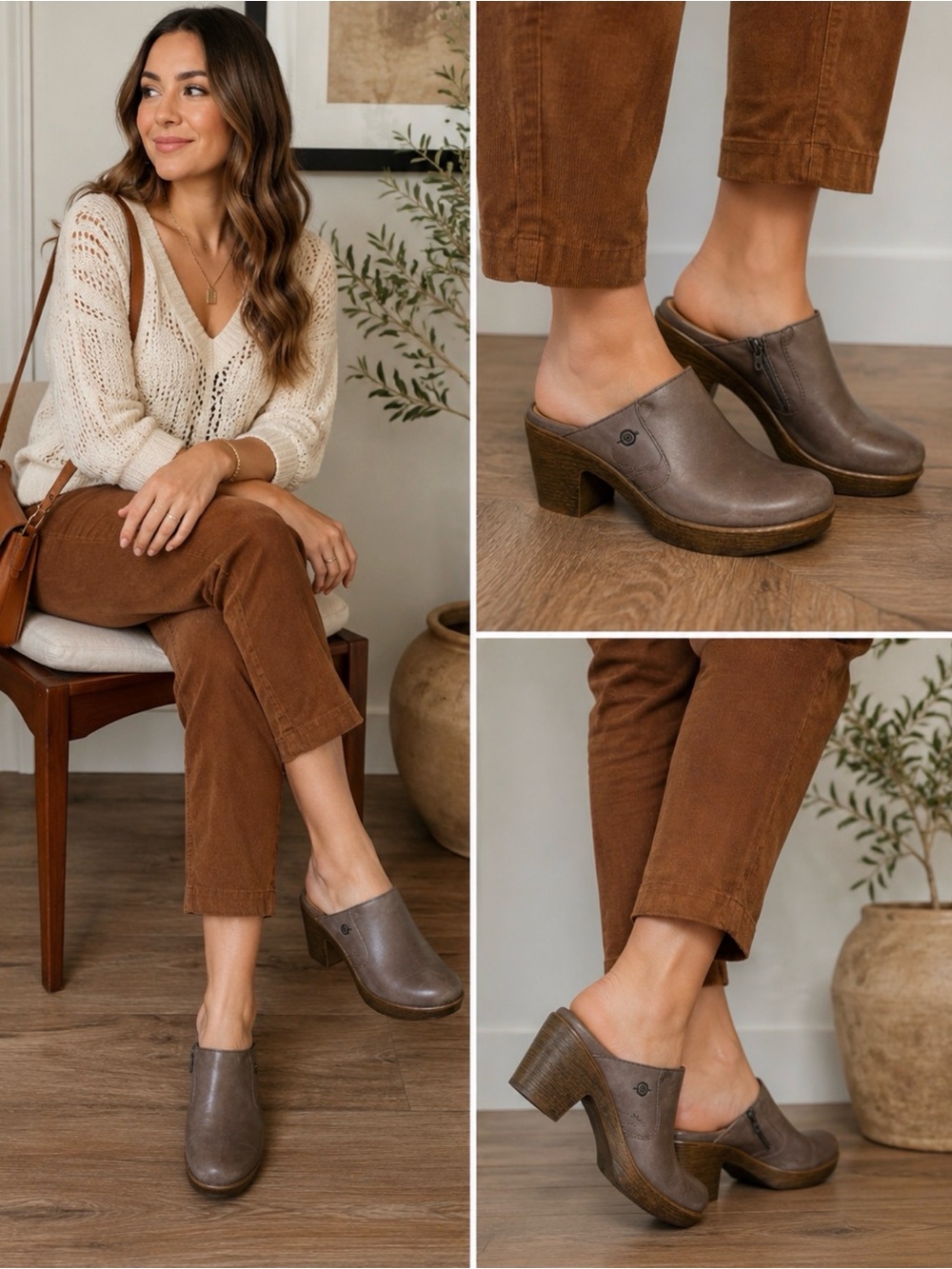 BORN Haledon Leather Clog Mules Brown Pewter Woodgrain Heel Comfort Shoes 7 EU38 - Picture 5 of 13